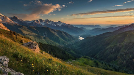 Panoramic view of the mountains and the valley at sunset.の写真素材