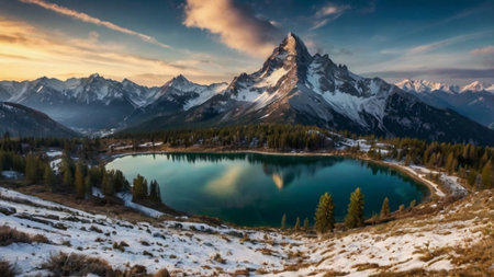 Matterhorn and lake in winter, Zermatt, Switzerlandの写真素材