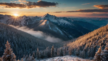 Beautiful winter landscape in the mountains. Sunrise in the mountains.の写真素材