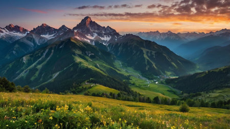 Panoramic view of the mountain range at sunset in the Alpsの写真素材