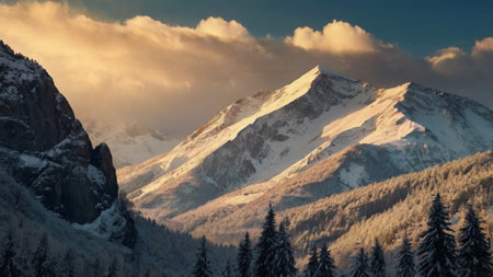 Winter mountains panorama with snow covered peaks and coniferous forestの写真素材