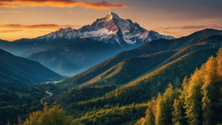 Mountain landscape at sunset. Panoramic view of mountains.の写真素材