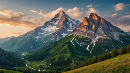 Panoramic view of the Matterhorn peak at sunset, Switzerlandの写真素材