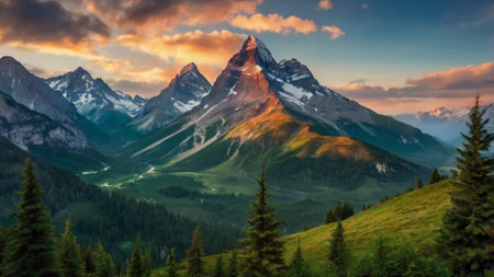 Panoramic view of the mountain peak at sunsetの写真素材