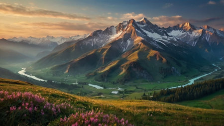 Mountain landscape with meadow and snow-capped mountains at sunset