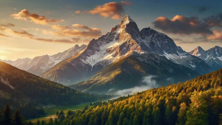 Panoramic view of Matterhorn peak at sunrise, Zermatt, Switzerlandの写真素材