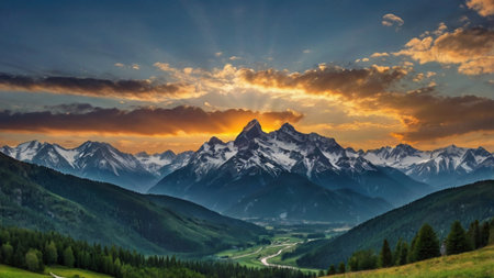 Mountain landscape at sunset. Panoramic view of mountains and valley.の写真素材