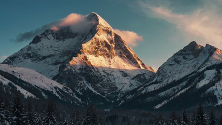 Mountain panorama with snow and clear blue sky at sunset.の写真素材