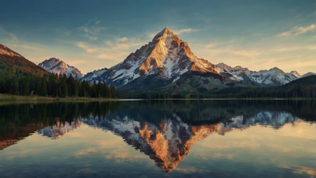 Mountain lake with reflection of the Matterhorn at sunrise, Switzerlandの写真素材