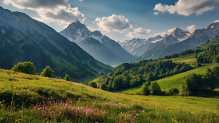 Panoramic view of the alpine meadow in the mountains