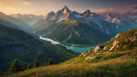 panoramic view of alpine meadows and mountains at sunset
