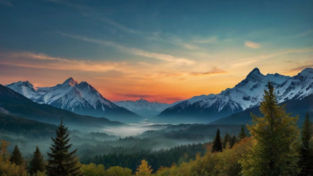 Sunset in the mountains. Panorama of the Caucasus Mountains.の写真素材