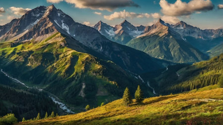 Panoramic view of the mountains in the summer, Switzerland.の写真素材