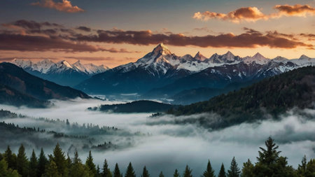 Panoramic view of the mountains in the fog at sunset.の写真素材