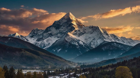 Mountain panorama with snow capped peaks at sunset in the Alpsの写真素材