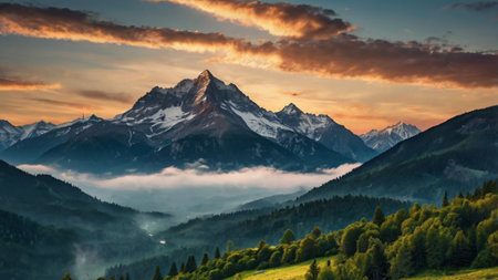 Mountain landscape at sunset in the clouds.の写真素材