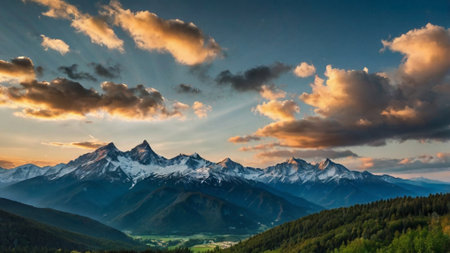 Sunset in the mountains. Panoramic view of the Alps.の写真素材