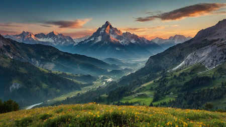 panoramic view of the alps at sunrise, switzerlandの写真素材
