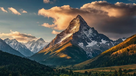 Mountain landscape with snow-capped peaks in the clouds at sunsetの写真素材