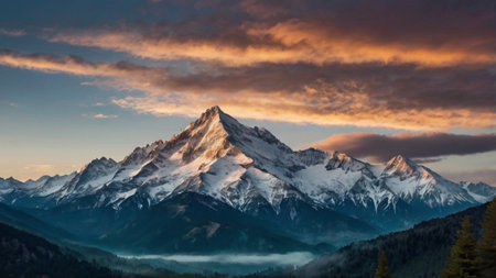 Mountains at sunset with clouds and fog in the foregroundの写真素材