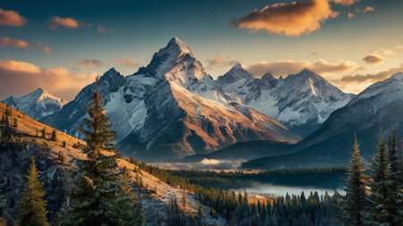 Mountain landscape with panoramic view of the snowy peaks of the mountains.の写真素材