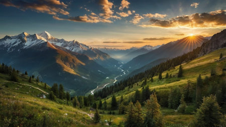 Mountain landscape at sunset. Panoramic view of the mountains.の写真素材