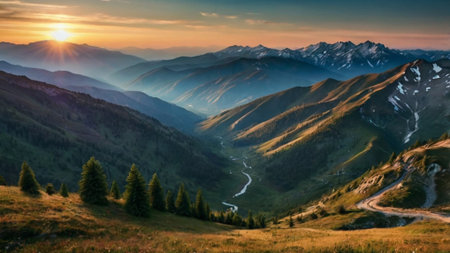 Beautiful sunset in the mountains. Carpathians, Ukraine, Europeの写真素材