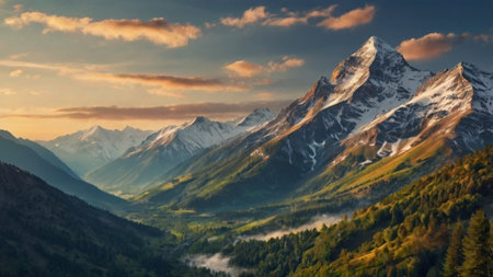 Beautiful mountain landscape at sunset. Panoramic view of the mountains.の写真素材