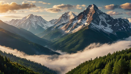 Mountain landscape with fog and clouds at sunrise.の写真素材