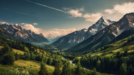 Beautiful mountain landscape with green meadow and snow-capped peaksの写真素材