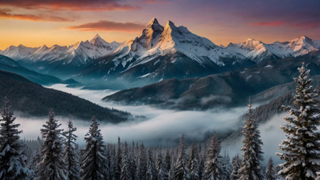 Beautiful winter landscape in the mountains. Sunrise in the mountains.の写真素材