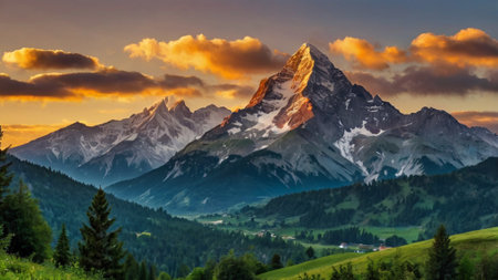 Matterhorn mountain peak at sunset in the Swiss Alps, Switzerlandの写真素材