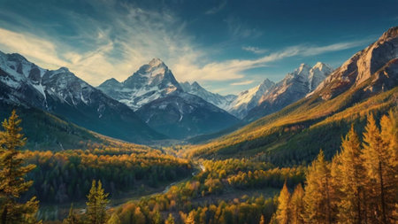 Beautiful autumn landscape in the mountains. Panoramic view.の写真素材