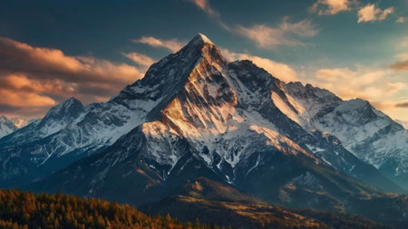 Mountain landscape with snow-capped peaks at sunset. Panoramaの写真素材