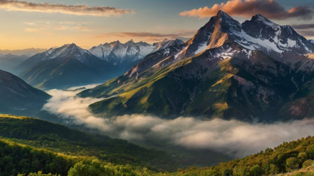 Panoramic view of the peaks of the mountains at sunsetの写真素材