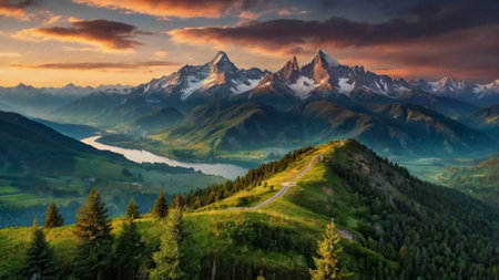 Panoramic view of the alps at sunset, Switzerland.の写真素材