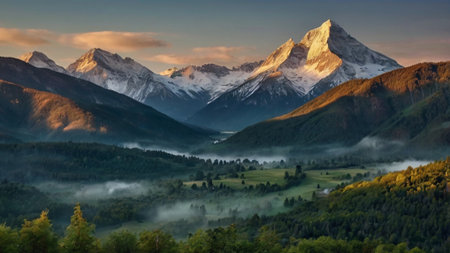 Sunrise in the mountains of Switzerland. Panoramic view.の写真素材