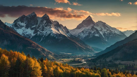 Beautiful autumn landscape in the mountains. Sunrise over the mountains.の写真素材