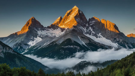 Panoramic view of Mount Fitz Roy at sunrise, Los Glaciares National Park, Argentinaの写真素材