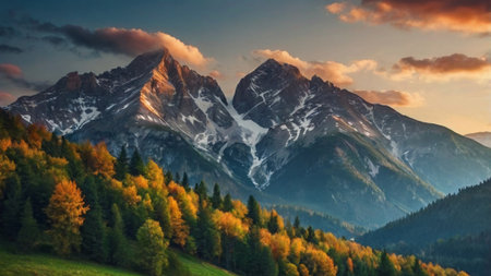 Mountain autumn landscape with forest and snow-capped peaks.の写真素材