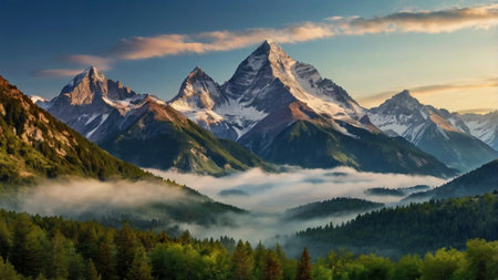 Panorama of the mountains in the morning mist.の写真素材
