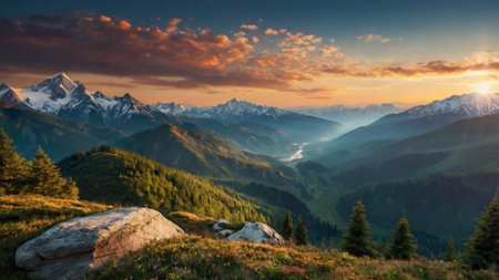 Mountain panorama at sunset. Beautiful summer landscape in the mountains.の写真素材
