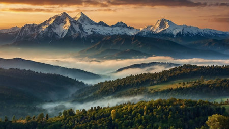 Beautiful sunrise in the mountains. Panoramic view of the mountains.の写真素材