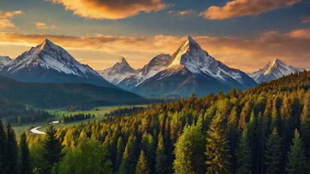 Panoramic view of the mountains at sunset.の写真素材