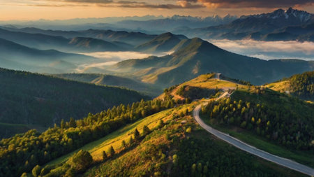 Aerial view of the road in the mountains. Carpathians, Ukraineの写真素材
