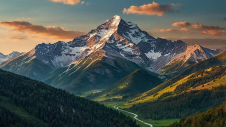 Mountain landscape at sunset. Panoramic view of the Alps.の写真素材