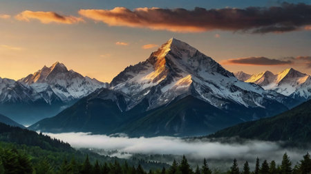 Mountains in the clouds at sunrise. Panoramic view.の写真素材