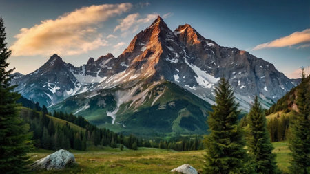 Panoramic view of the mountain Matterhorn at sunset, Switzerlandの写真素材