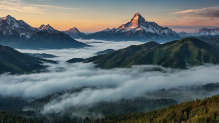 Panoramic view of the mountain peak in the morning.の写真素材