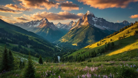 Sunset in the Alps of Switzerland. Panoramic view of the Alps.の写真素材